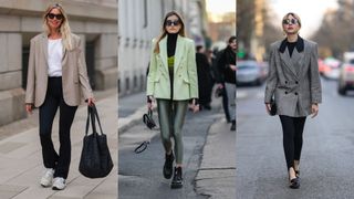 Street style images showing how to style a blazer with leggings