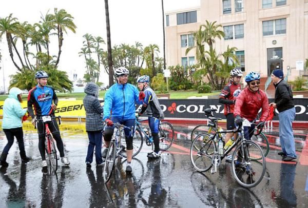 A group of riders kitted up against the weather.