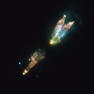 This image from the Hubble Space Telescope shows the Westbrook Nebula. The strange bundle of jets and clouds results from a burst of activity late in the life of a star. As its core runs out of nuclear fuel, the star’s outer layers puff out toxic gases li