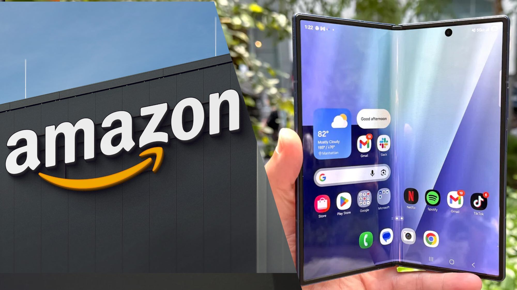 Amazon logo side-by-side with Samsung phone
