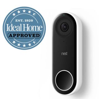 Black and white Google Nest doorbell with an Ideal Home badge next to it on a white background