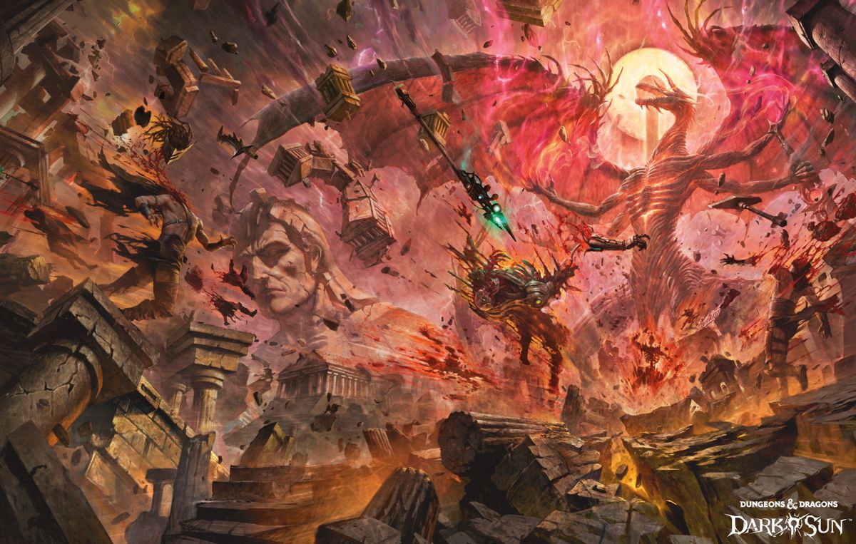 A dragon explodes with energy, causing warriors and the environment to fall apart