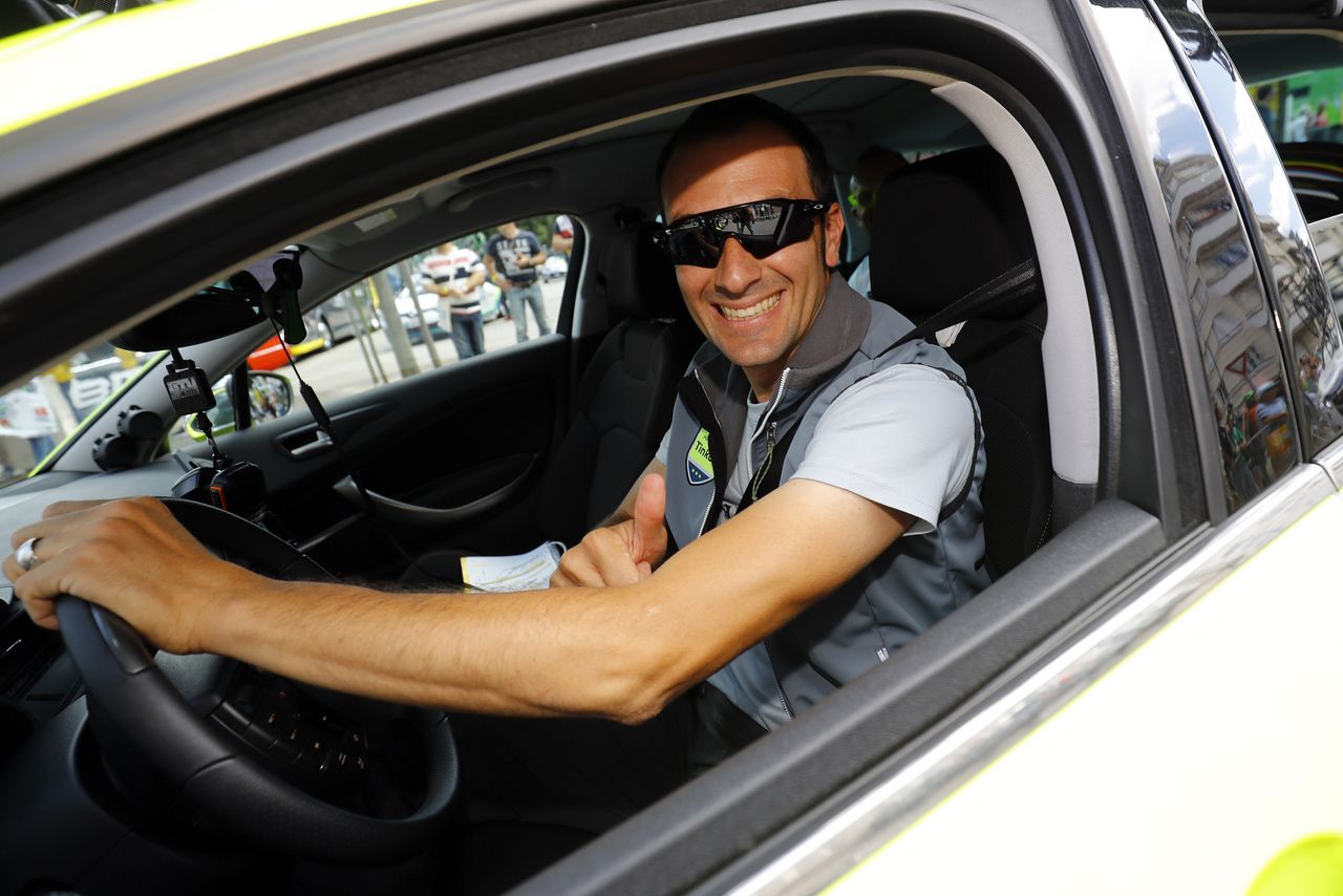 Ivan Basso behind the wheel of the Tinkoff team car