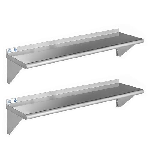 Rockpoint Stainless Steel Shelf 12 X 48 Inches 350lb, 2 Pack Nsf Commercial Wall Mount Floating Shelving With Backsplash for Restaurant, Kitchen, Home and Hotel, Silver