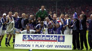 Ipswich Town players celebrate with the trophy after winning the 2000 Division 1 play-off final at Wembley Stadium