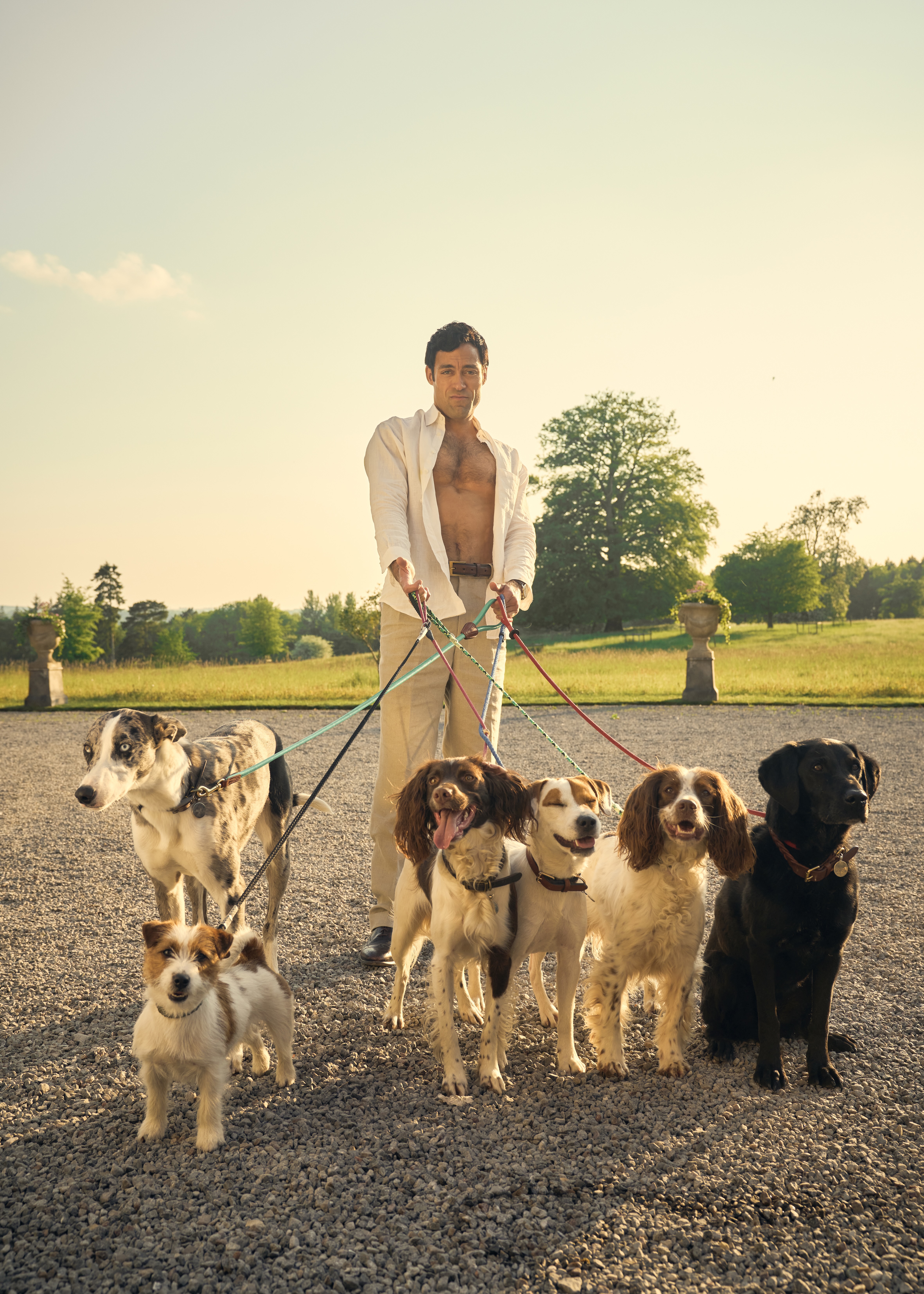 A man in an open shirt and chinos walking a pack of dogs