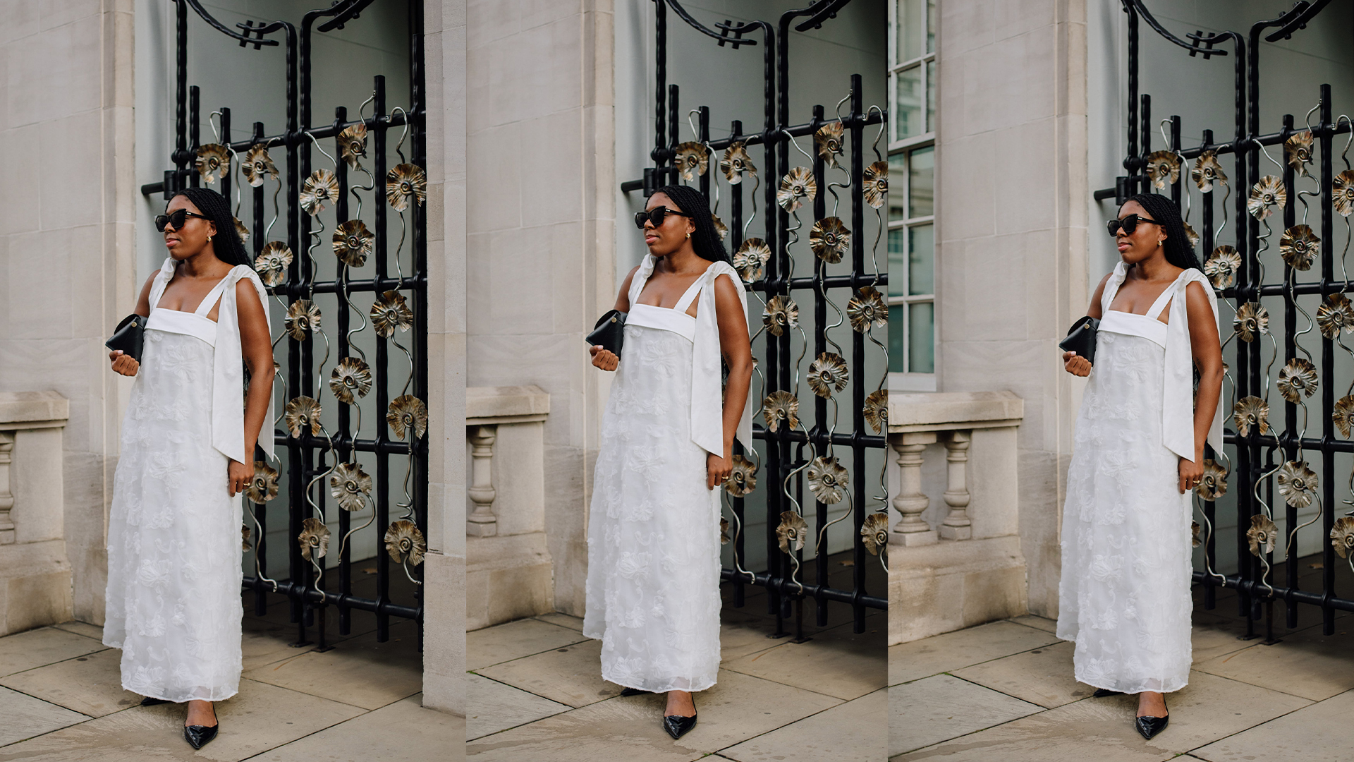 Woman wears white dress, black bag, sunglasses, and shoes. 