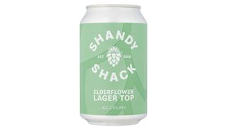Silver can with green packaging labelled Shandy Shack’s Elderflower Lager Top