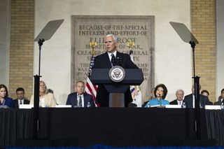 Vice President Mike Pence speaks before the National Space Council at the National Defense University in Washington D.C. on Oct. 23, 2018.