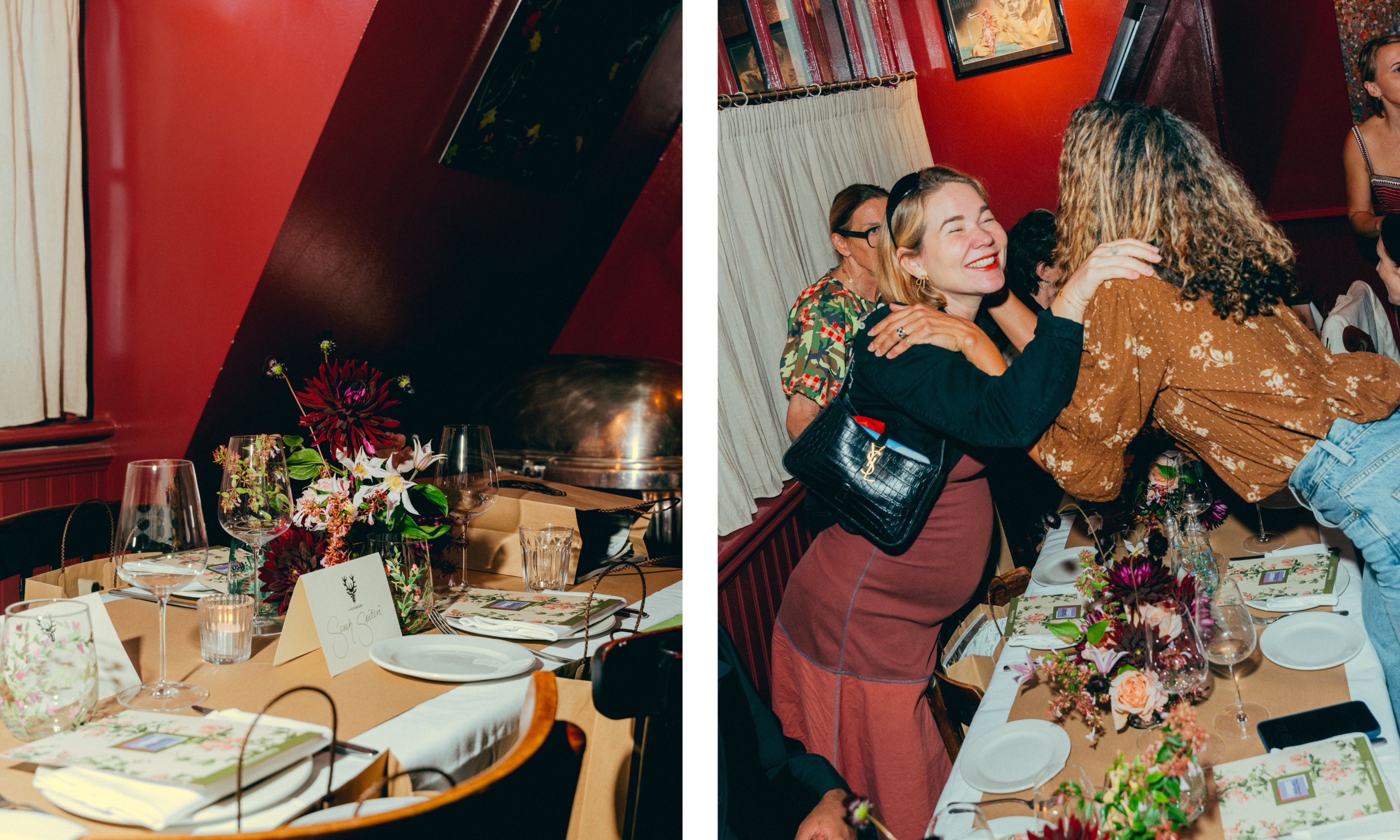two shots next to each other. On the left, a table is set for dinner in a red room. On the right, Minnie Kemp hugs Clare Gaskin across the table