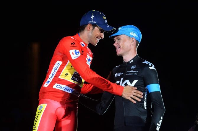 Alberto Contador and Chris Froome on the podium of the 2014 Vuelta a Espa&ntilde;a