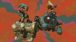Two squidlings poses against a red and green crackly background in Splatoon Raiders, one with a treasure chest, the other with a mech
