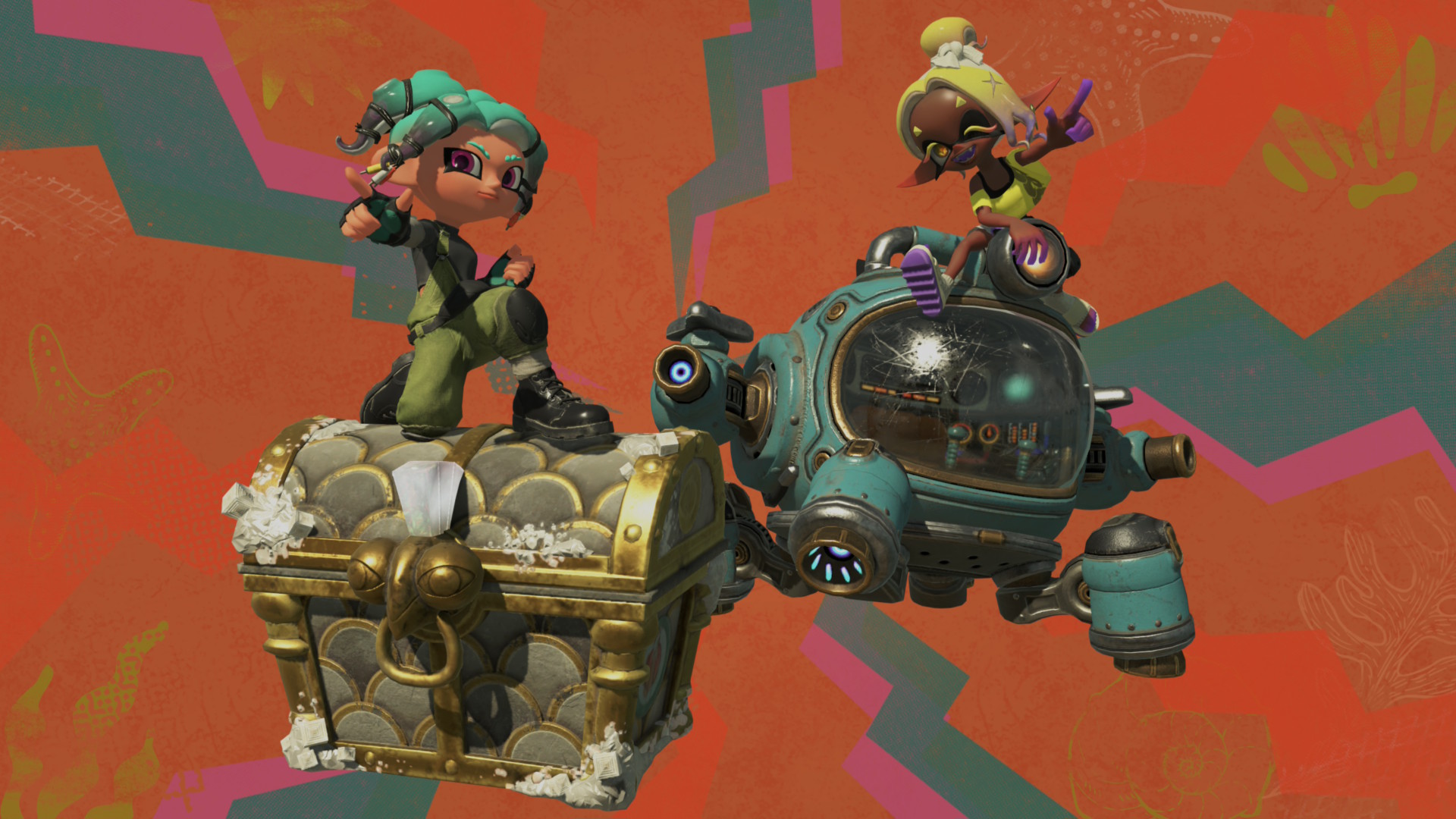 Two squidlings poses against a red and green crackly background in Splatoon Raiders, one with a treasure chest, the other with a mech