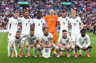 England Euro 2024 squad England pose for pre-match team group photo: Palmer, Walker, Guehi, Ramsdale, Stones and Gordon: Foden, Trippier, Kane, Rice and Mainoo prior to the international friendly match between England and Iceland at Wembley Stadium on June 7, 2024 in London, England.(Photo by Charlotte Wilson/Offside/Offside via Getty Images)