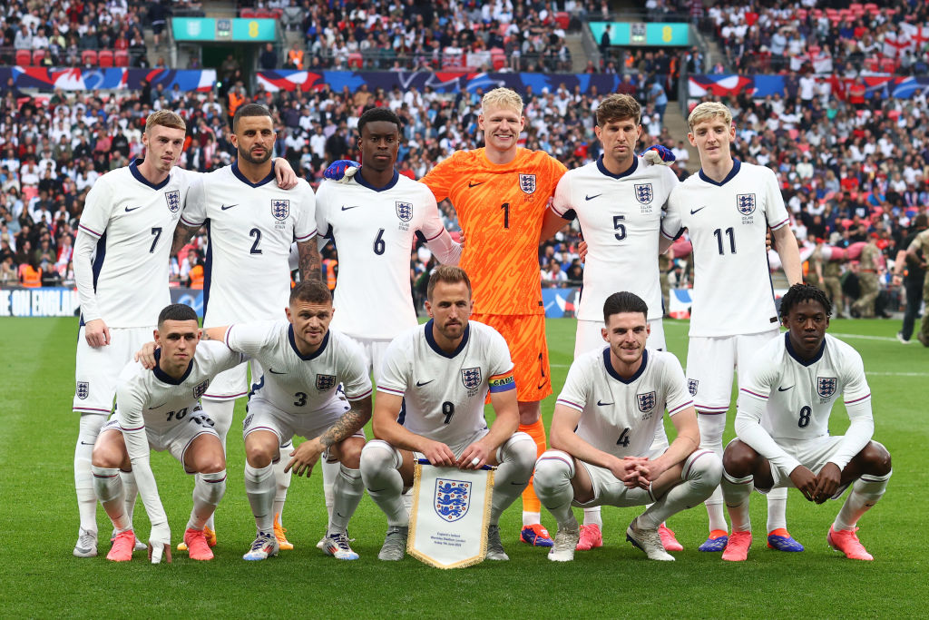 England Euro 2024 squad England pose for pre-match team group photo: Palmer, Walker, Guehi, Ramsdale, Stones and Gordon: Foden, Trippier, Kane, Rice and Mainoo prior to the international friendly match between England and Iceland at Wembley Stadium on June 7, 2024 in London, England.(Photo by Charlotte Wilson/Offside/Offside via Getty Images)