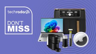 Ninja Air Fryer, Lenovo laptop, Philips razor, Nespresso coffee maker and Apple AirTag on a purple background