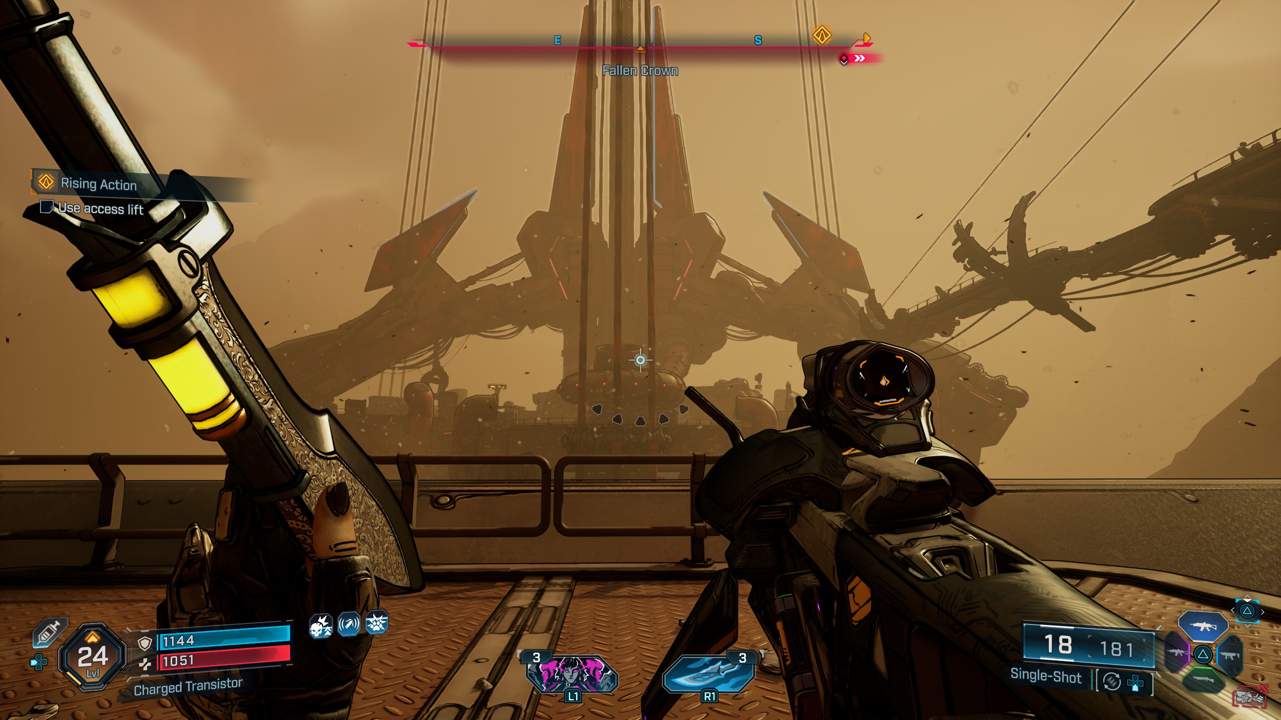 Borderlands 4 review gameplay showing the player looking at a giant cabled structure while dust blows