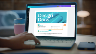 Canva Docs on a laptop screen, a hand hovering to the left