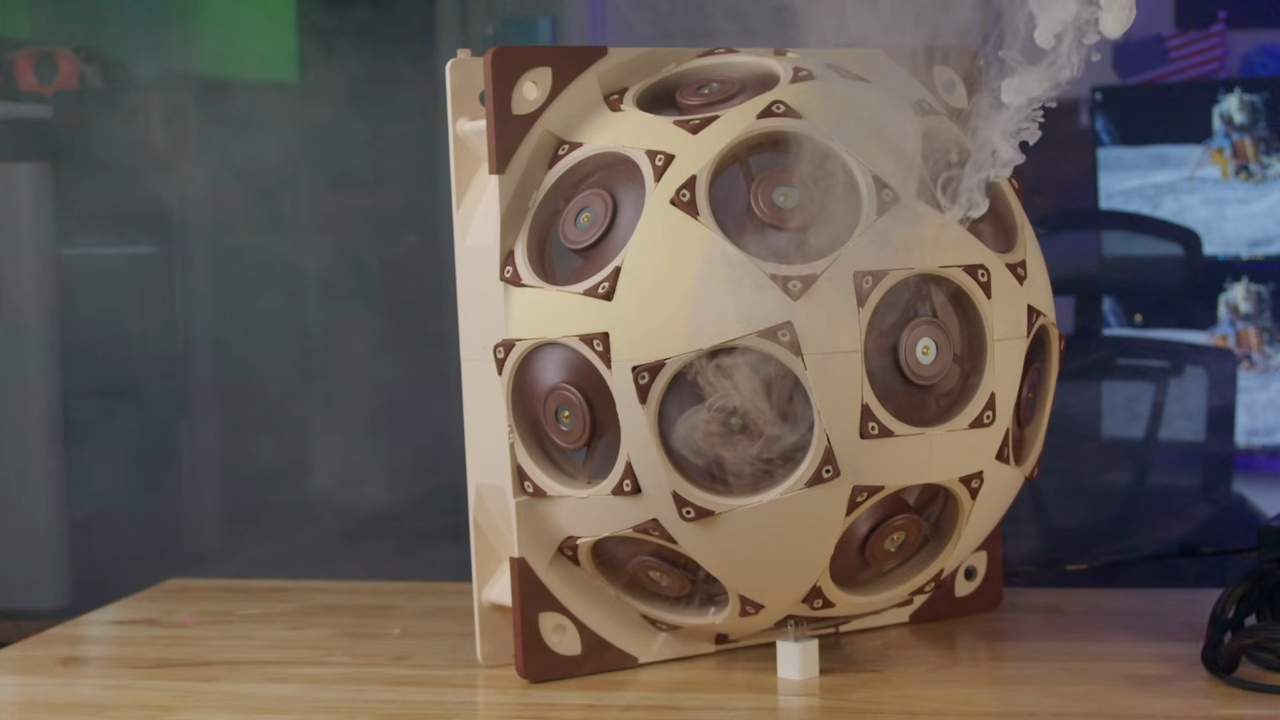 A picture of Major Hardware's Superdome, a PC side panel made out of fifteen Noctua fans