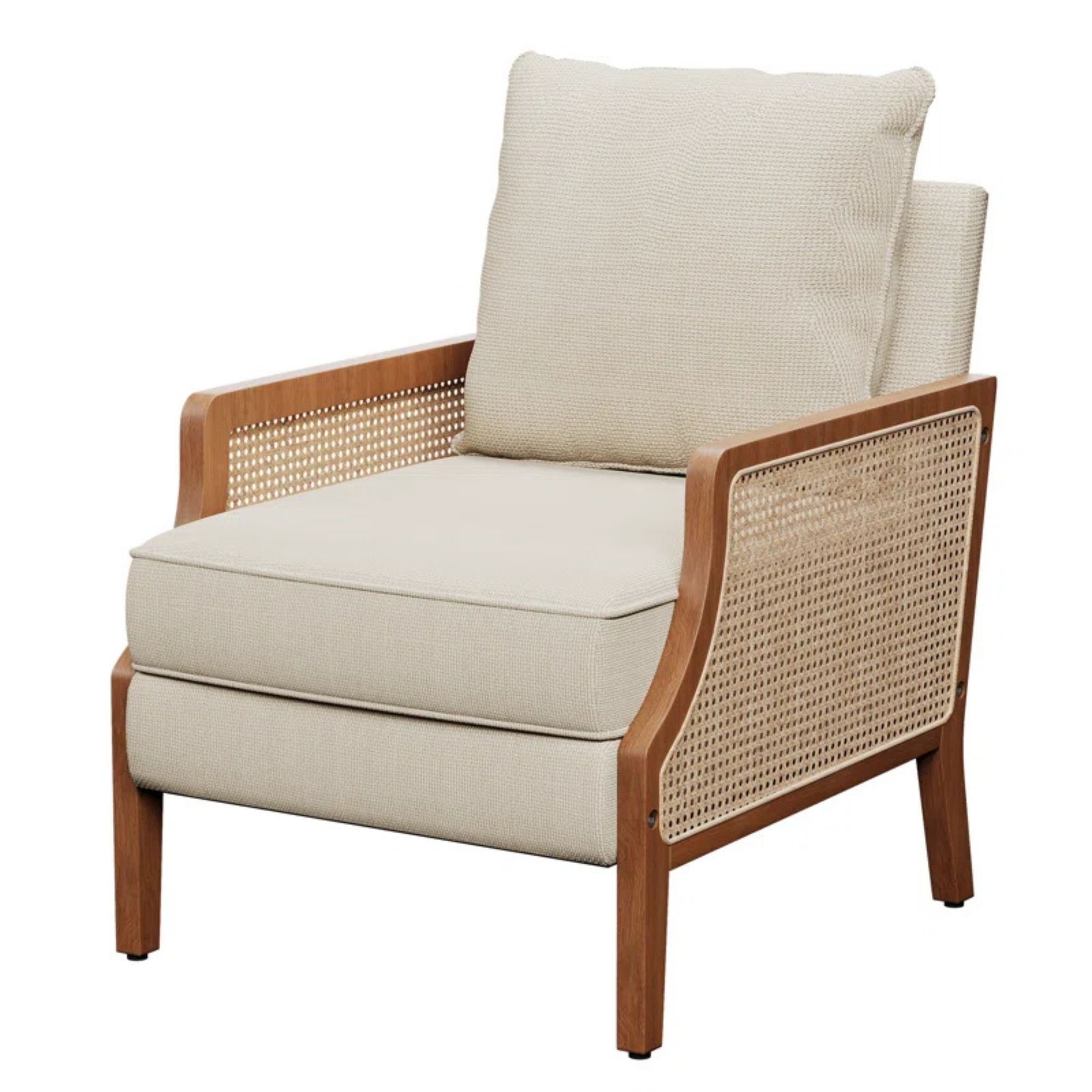 Upholstered Burlap Accent Chair With Wooden Legs And Rattan Arms