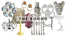 Quirky home decor, including an egg chandelier, oyster plate, hand-motif wall rings, spiral cutlery, and a face-shaped iron chair, pictured against a white background