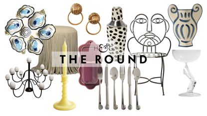 Quirky home decor, including an egg chandelier, oyster plate, hand-motif wall rings, spiral cutlery, and a face-shaped iron chair, pictured against a white background
