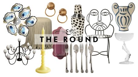 Quirky home decor, including an egg chandelier, oyster plate, hand-motif wall rings, spiral cutlery, and a face-shaped iron chair, pictured against a white background