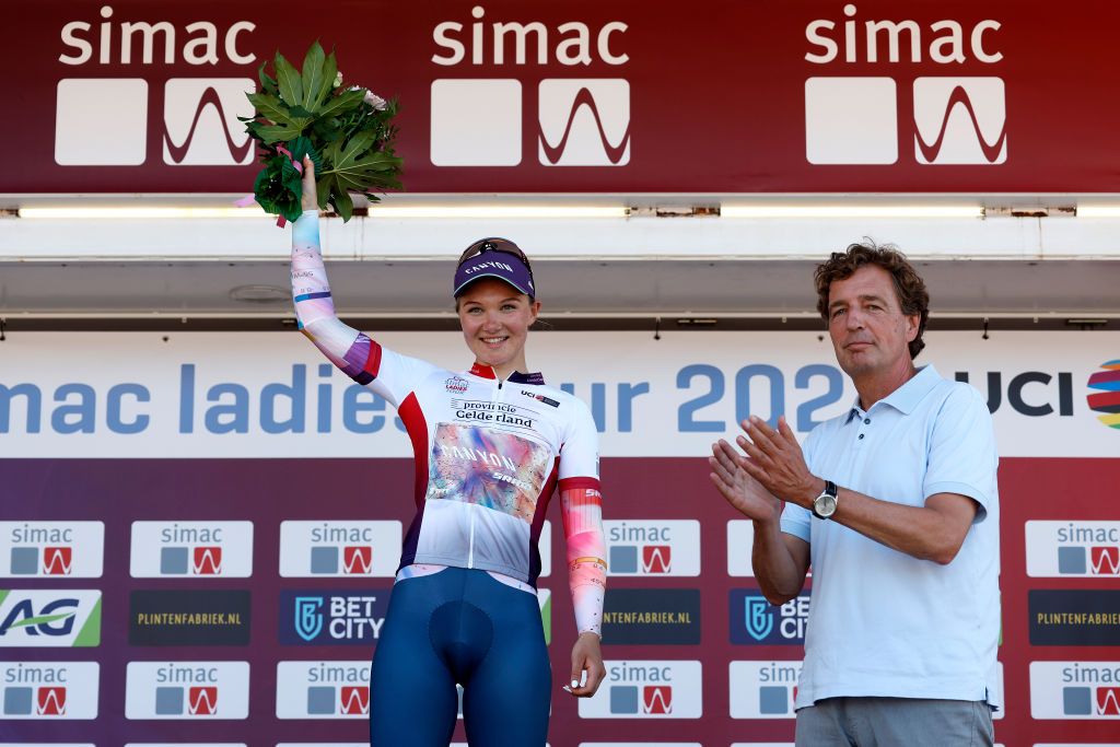EDE NETHERLANDS SEPTEMBER 05 Maike Van Der Duin of The Netherlands and Team CanyonSram Racing celebrates at podium as White Best Young Rider winner during the 25th Simac Ladies Tour 2023 Prologue a 24km individual time trial stage from Ede to Ede UCIWWT on September 05 2023 in Ede Netherlands Photo by Bas CzerwinskiGetty Images