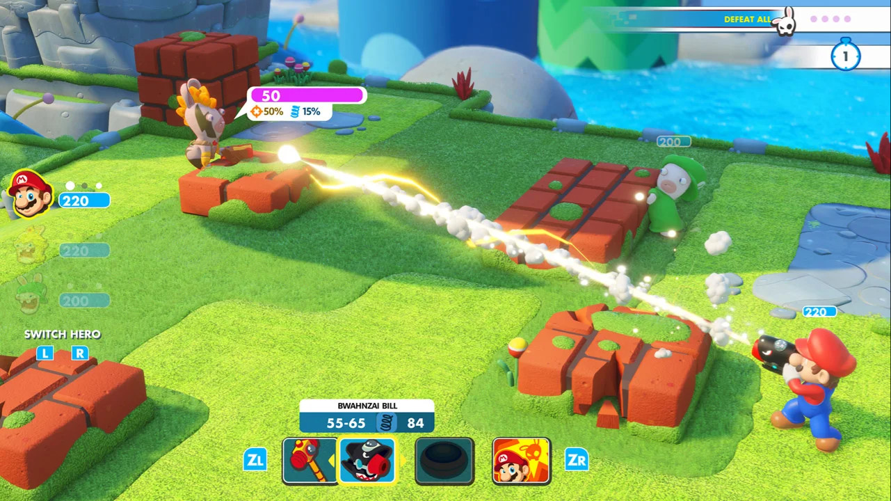 Mario fires at a Rabbid in Mario + Rabbids Kingdom Battle, one of the best Nintendo Switch Multiplayer Games in 2021