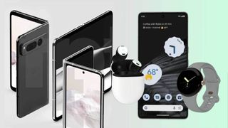 An unofficial render of the Google Pixel Fold, alongside official imagery of the Google Pixel Buds Pro, Pixel 7 and Pixel Watch