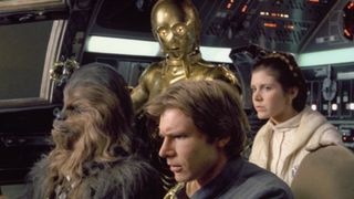 Clockwise: C-3PO (Anthony Daniels), Princess Leia (Carrie Fisher), Han Solo (Harrison Ford) and Chewbacca (Peter Mayhew) in the Millenium Falcon in Star Wars: Episode V - The Empire Strikes Back