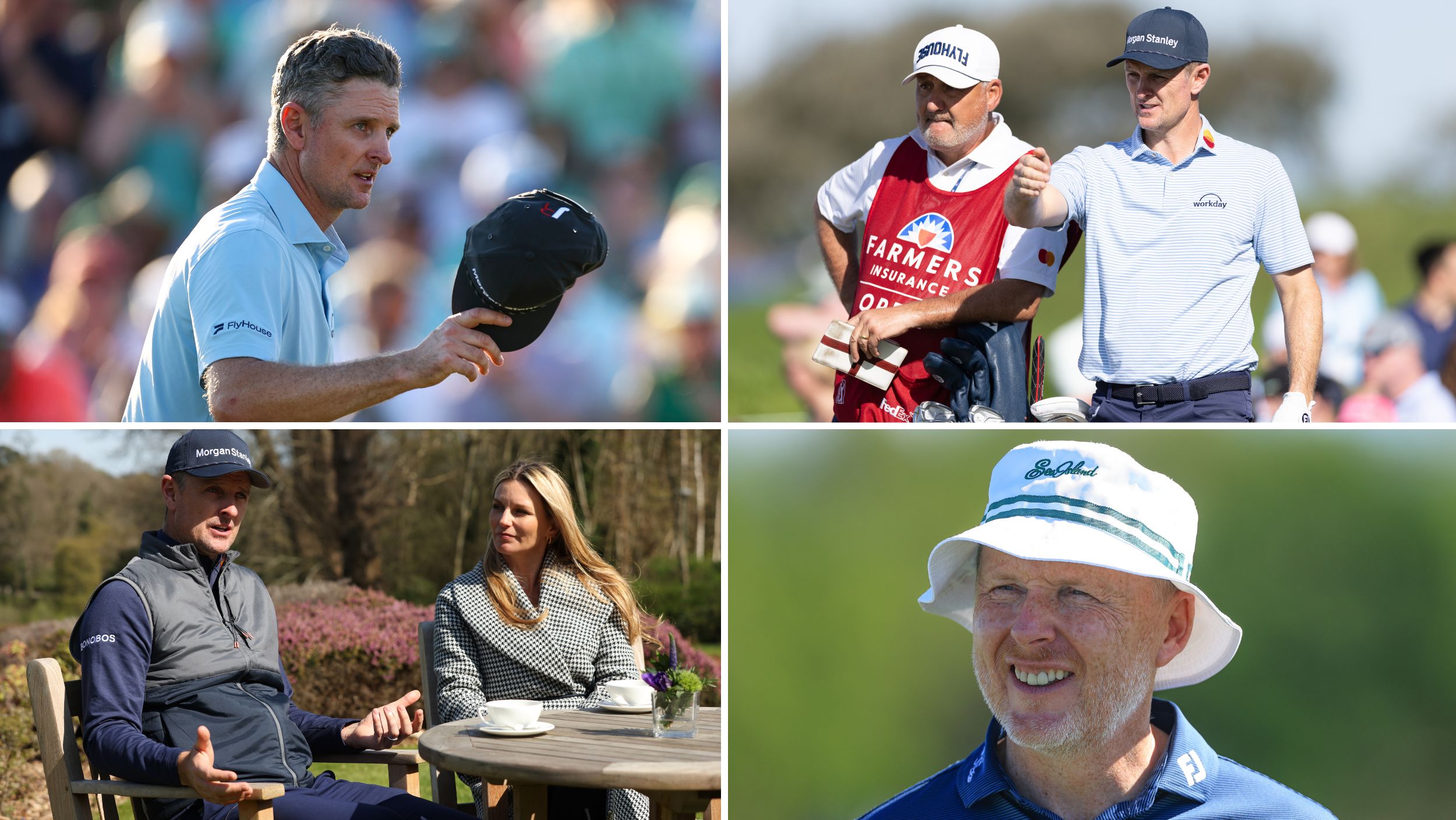 Four-way split image of Justin Rose and his caddie Mark Fulcher, his wife Kate Rose, and his coach Phil Kenyon.