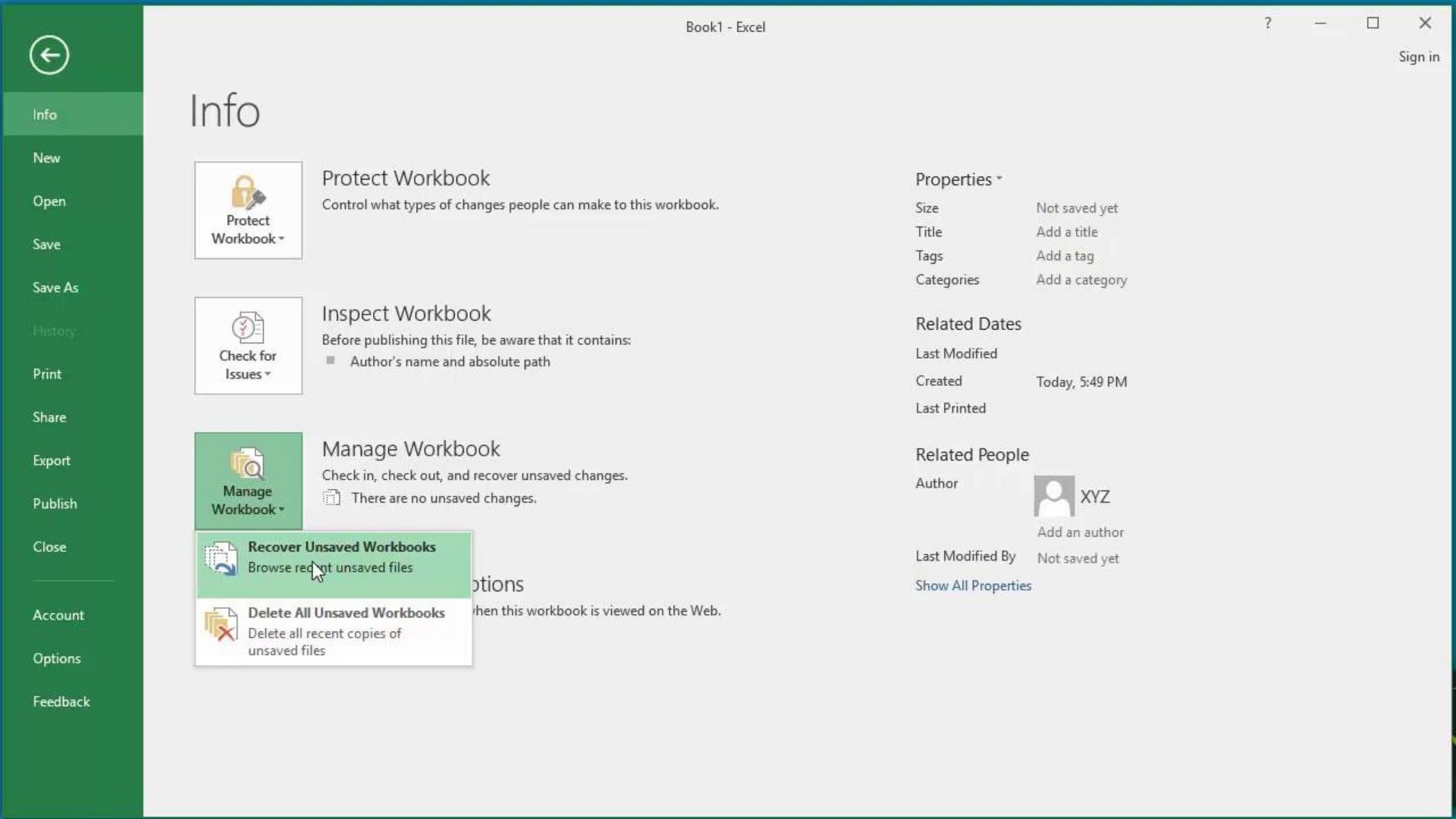 Screenshot of dropdown menu showing the option to recover unsaved workbooks in Excel