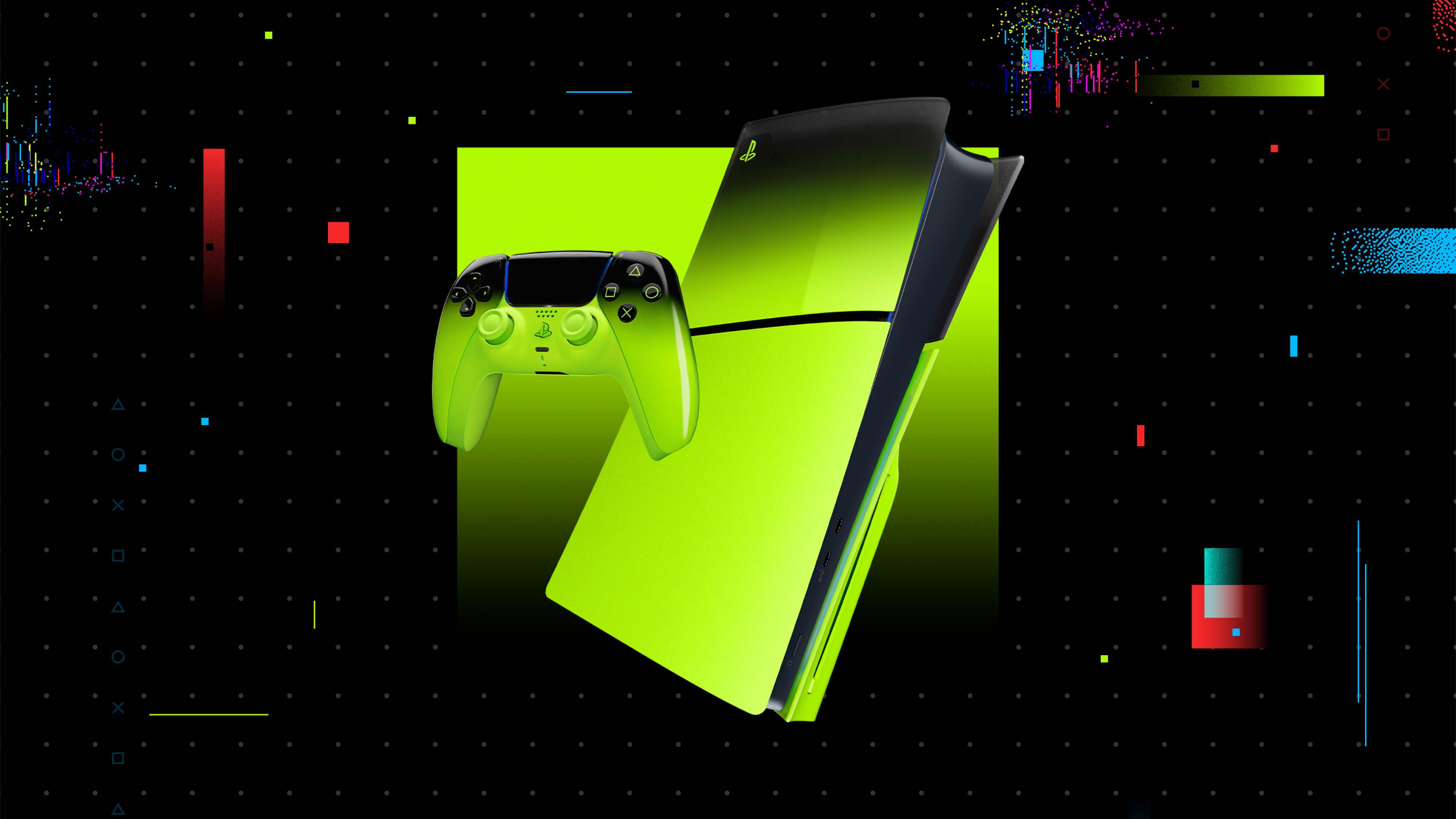 The artwork for the Remix Green DualSense and console cover from Sony's Hyperpop Collection