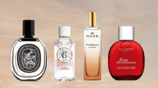 A selection of French perfumes from brands including Diptyque, Roger&Gallet, Nuxe and Clarins/ in a beige and grey sunset template