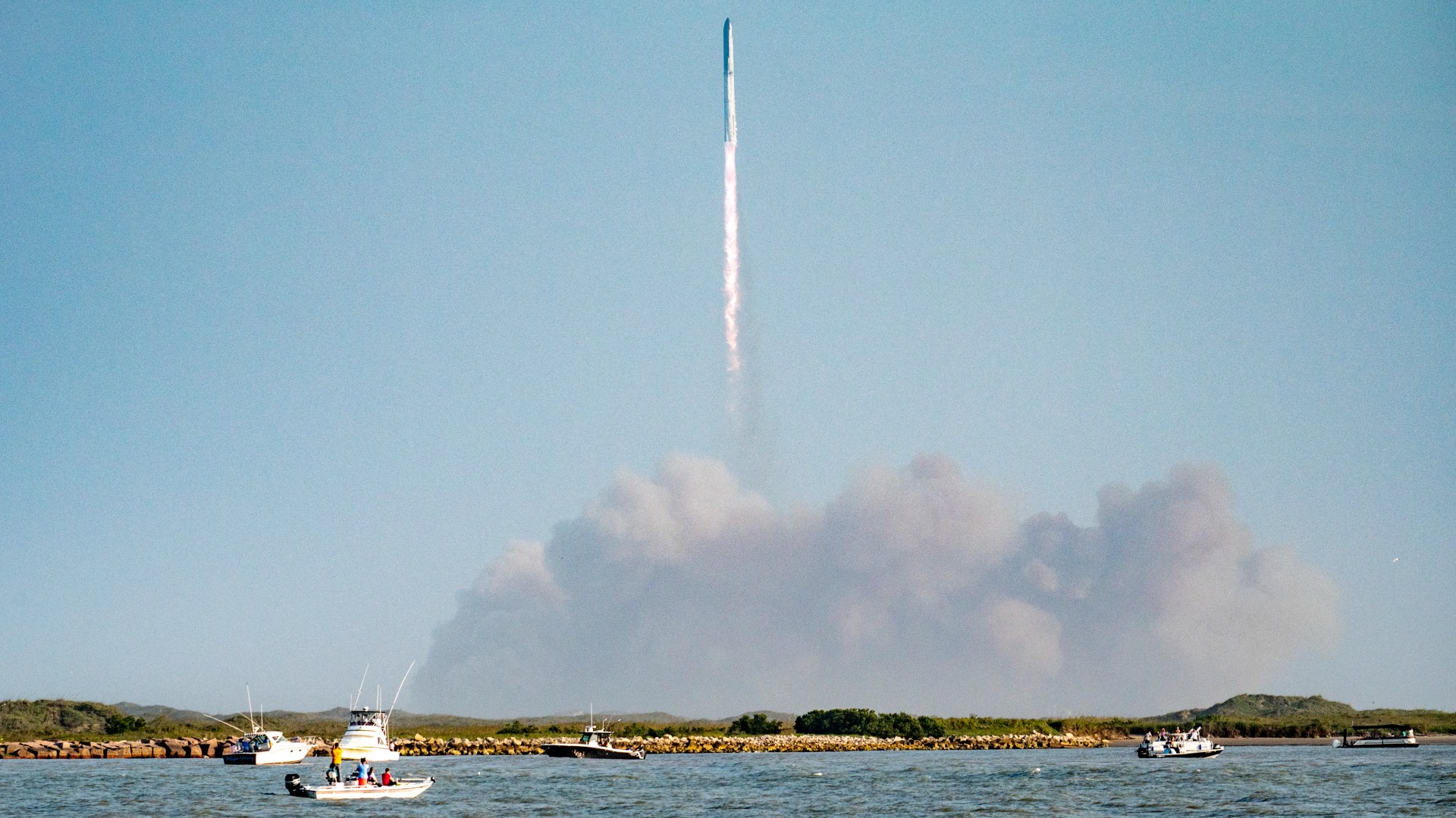 SpaceX Starship rocket launches from Starbase, Texas, as seen from South Padre Island on May 27, 2025.