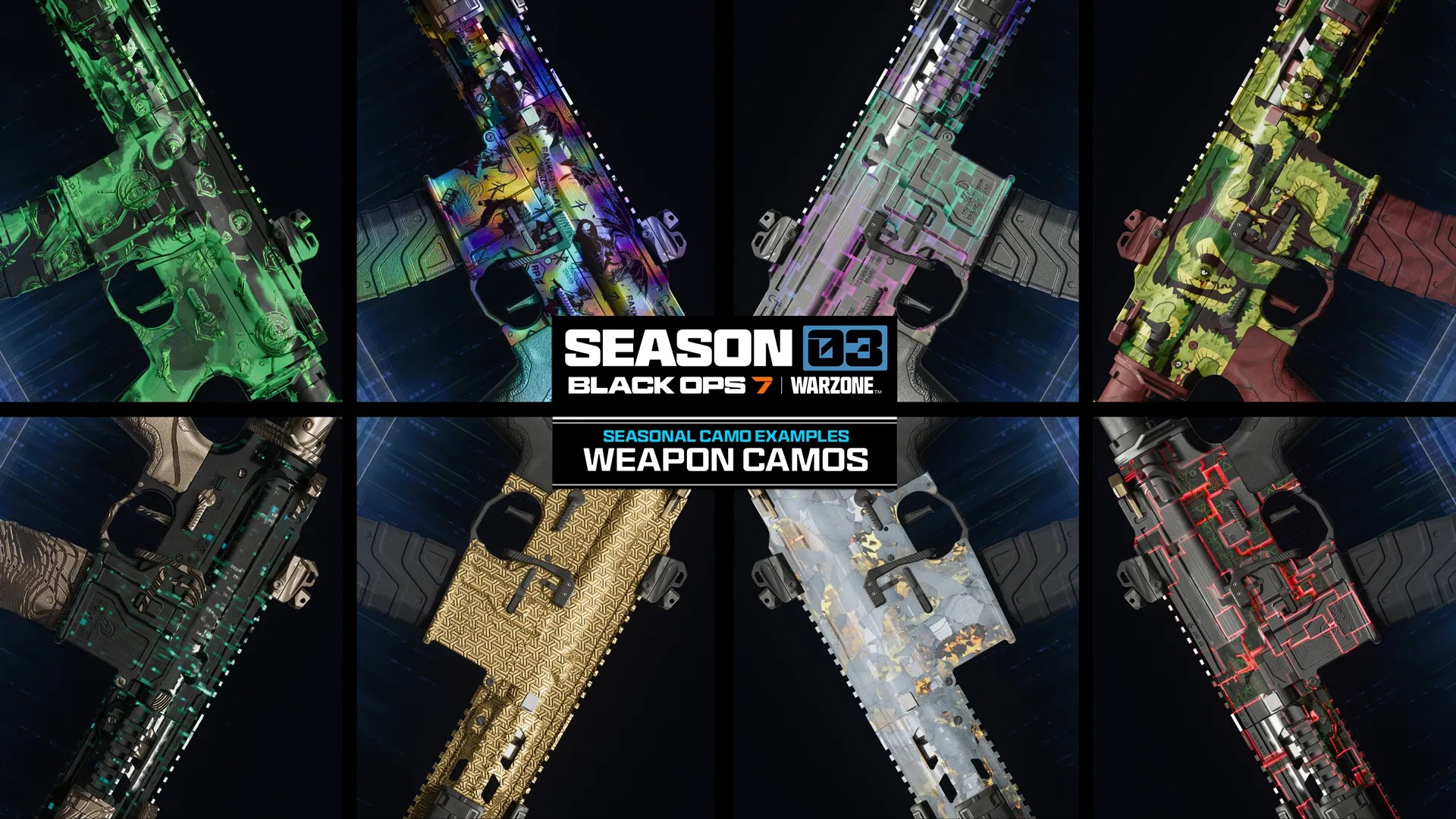 Call of Duty: Black Ops 7 Season 3 screenshots including weapon prestige camos, new mode gameplay for freerun and demolition, and new operator skins.