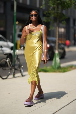 woman wearing slip dress and chunky sole sandals