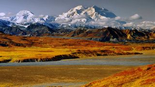 Autumn colors paint the landscape below the mighty Mount McKinley (Denali).