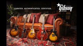 Gibson Certified Vintage first guitars on offer: 1959 Les Paul Standard, 1959 ES-355 with mono wiring, 1956 Les Paul Junior, 1982 Moderne and 1957 ES-225T