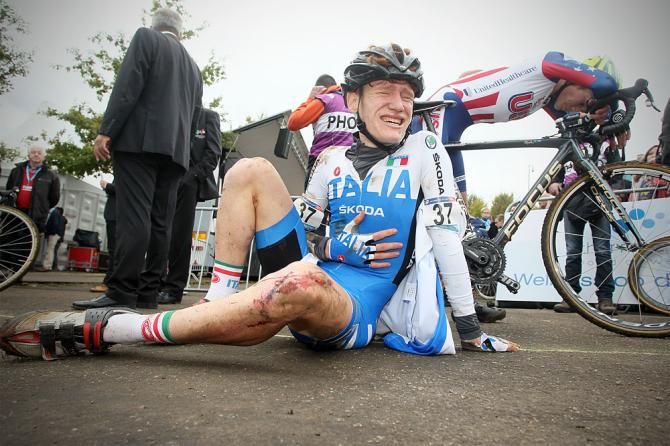 Giorgio Rossi (Italy) at the finish of the junior men's World Cup 'cross race in Valkenburg