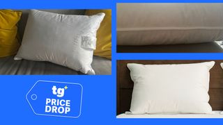 3 images of the Helix Down & Feather Pillow: (From clockwise left) the pillow in a tester's home, the pillow's side profile in a tester's home, and the pillow posed against a wooden bed frame.
