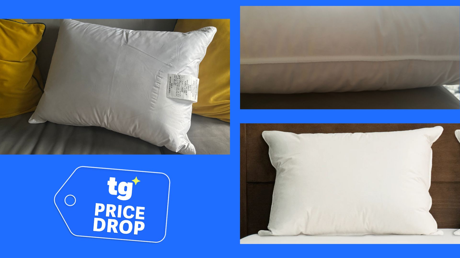 3 images of the Helix Down &amp; Feather Pillow: (From clockwise left) the pillow in a tester's home, the pillow's side profile in a tester's home, and the pillow posed against a wooden bed frame. 