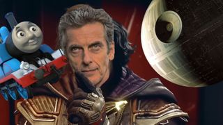 An edited Starfield screenshot with Peter Capaldi's face, a Deathstar, and Thomas the Tank Engine