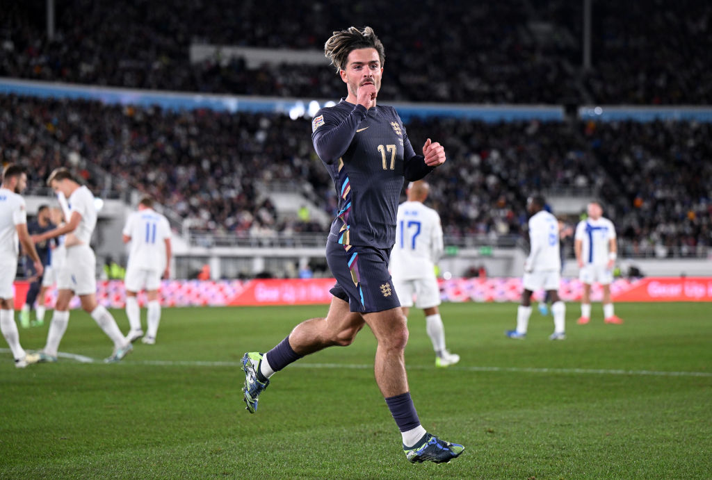 HELSINKI, FINLAND - OCTOBER 13: Jack Grealish of England celebrates scoring his team's first goal during the UEFA Nations League 2024/25 League B Group B2 match between Finland and England at Helsinki Olympic Stadium on October 13, 2024 in Helsinki, Finland. (Photo by Justin Setterfield/Getty Images)