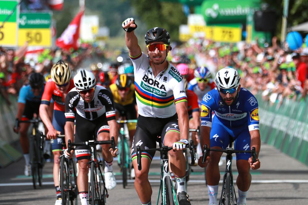 Peter Sagan (Bora-Hansgrohe) celebrates win number 16 at the Tour de Suisse