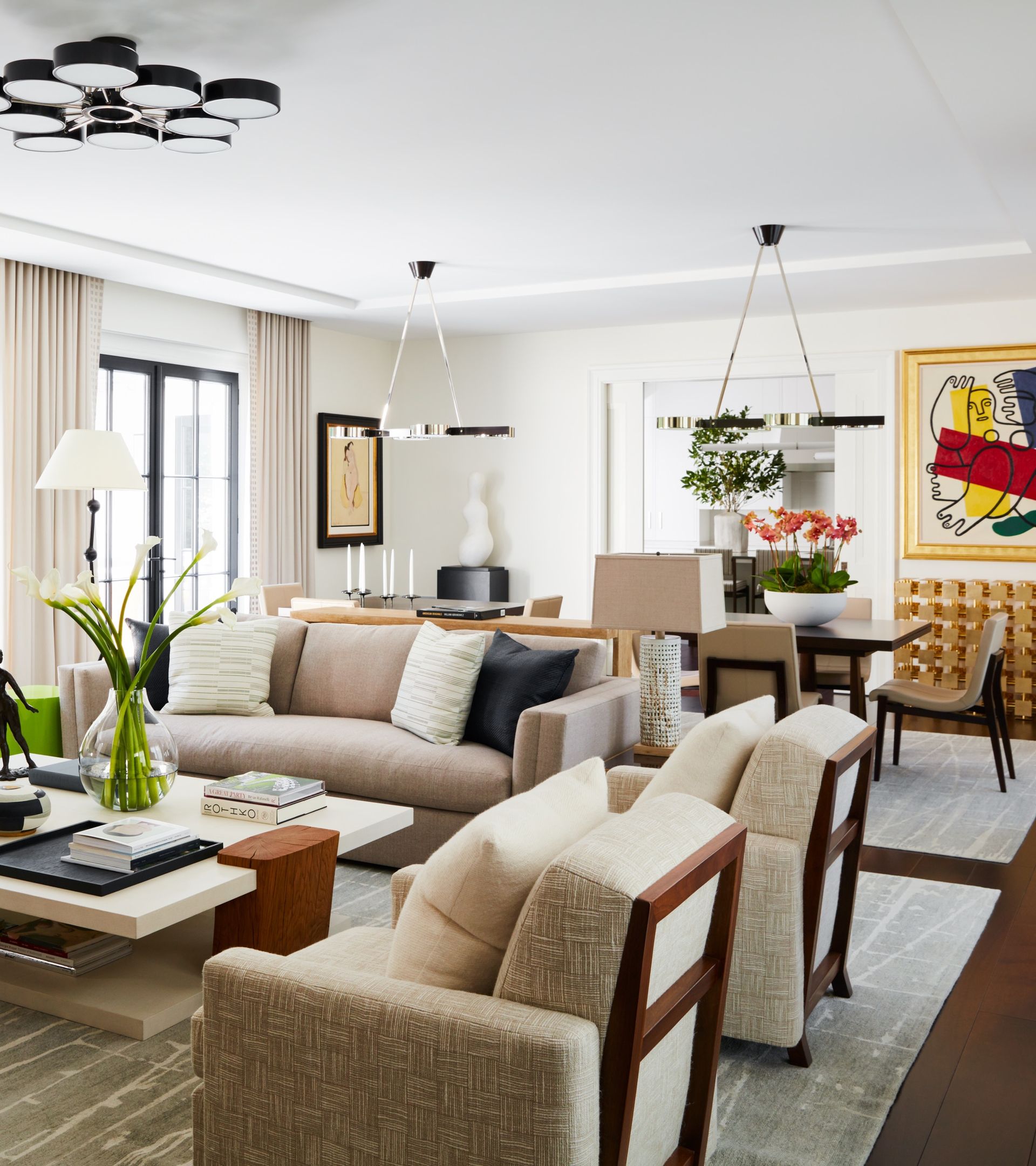 Open living and dining room with carpet floor