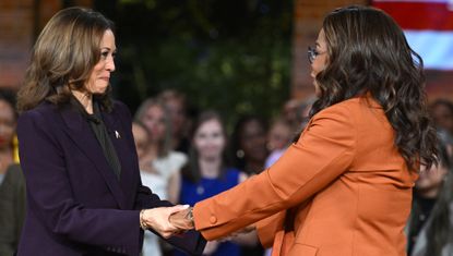 Kamala Harris and Oprah Winfrey onstage at the &#039;Unite for America&#039; rally