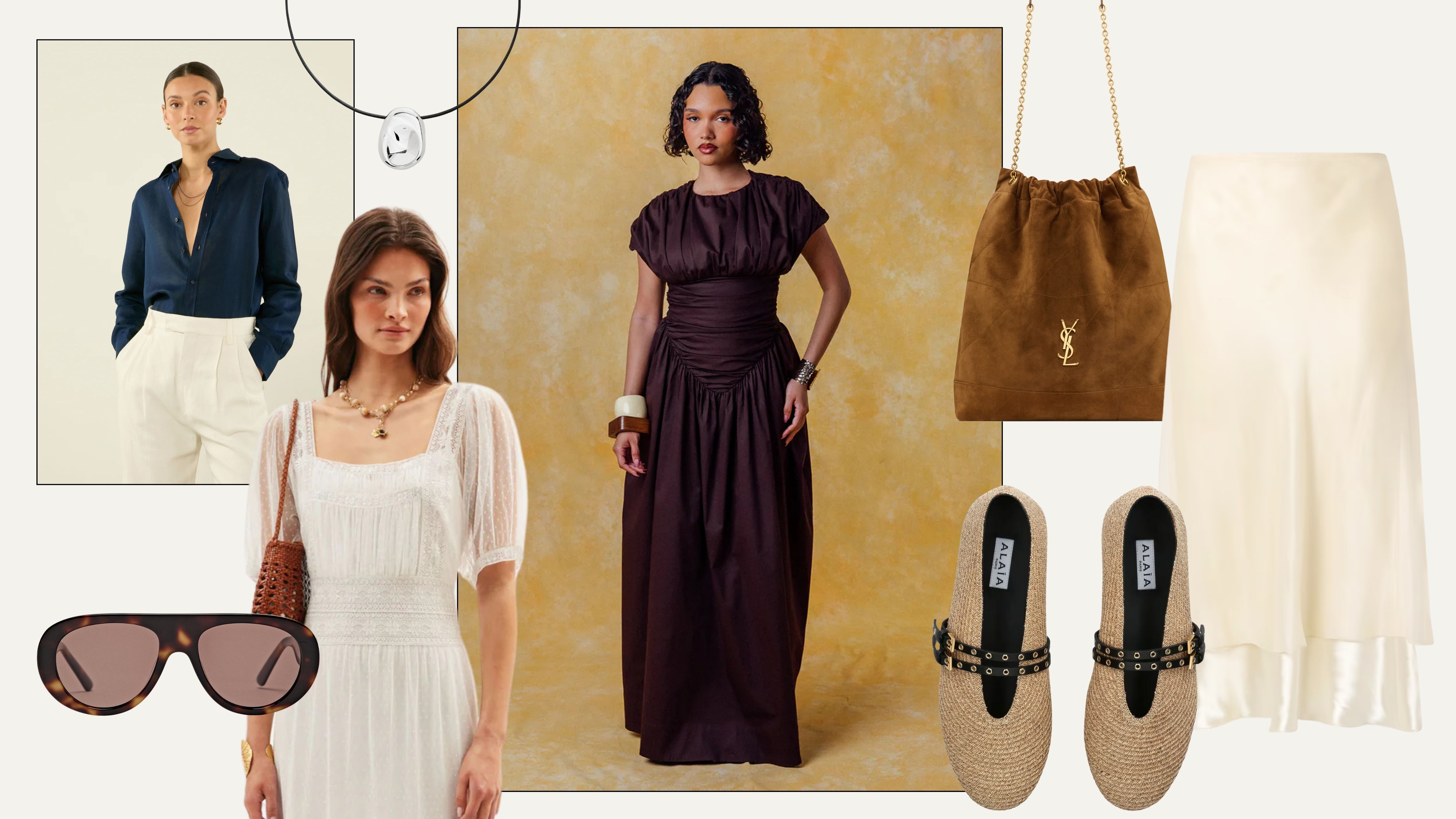 Collage of summer wish list; linen shirt, white dress, raffia ballet flats, suede bag, yellow skirt