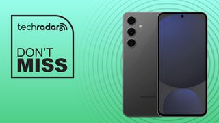 A Samsung Galaxy S24 FE, back to back, on a green background